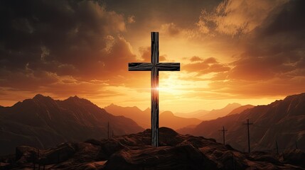 Poster - Cross silhouette against sunset sky