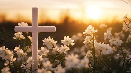Poster - Spring blossoms forest sunset and Christian cross