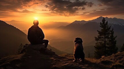 Poster - Person and dog watching the sunset in the mountains