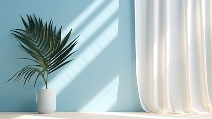 Poster - Light blue background with shadows of tropical leaves and curtains on a plaster wall for product presentation