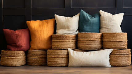 photo of raffia rollers, natural texture colored with pillows