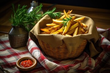 Wall Mural - homemade fries in a rustic basket with a napkin