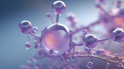 Complex molecular structure with spherical particles. Futuristic technology style. Generative AI. Illustration for banner, poster, cover, brochure or presentation.