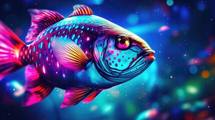 Wall Mural - Blue and violet exotic fish. Tropical fish swimming in ocean. Underwater scene. Illustration for poster, cover, card or presentation.