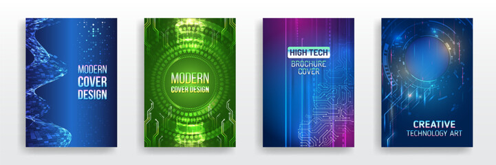 Wall Mural - High-tech corporate document cover design. Blue set of hi-tech covers for presentation and marketing. Futuristic design for medical, scientific, computer flyers, brochures, and webinar pages.