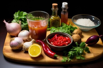 Sticker - ingredients for hot sauce on a kitchen counter