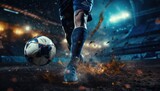 Fototapeta Sport - Soccer Player Kicking Ball with Blue Leg AI Generated