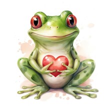 Smiley Frog Holding A Big Heart - Watercolor Clipart On White Background AI Generated