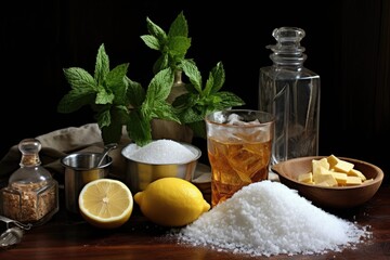 Canvas Print - ice tea making ingredients: tea bags, lemon, sugar, mint