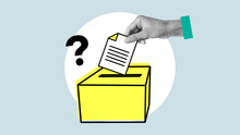 Suggestion Box. Suggestion Process Information Concept. Ballot Box With Person Vote On Blank Voting Slip Voting Concept