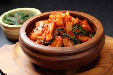 Poster - homemade kimchi in a wooden serving bowl