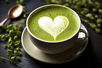 matcha latte with frothy milk heart design