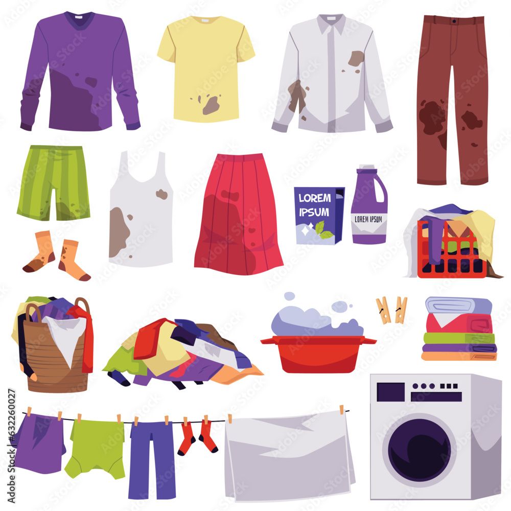 Dirty and messy clothes, laundry day elements set - flat vector ...