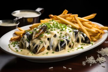 Poster - mussels in a creamy sauce with a side of fries