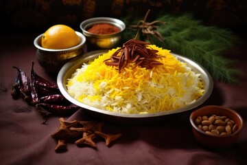 Poster - close-up of ingredients: rice, saffron, and spices