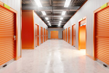 Warehouses. Building Storage Companies. Industrial Warehouse Interior. Orange Gate To Enter Units. Industrial Building With Storage Rooms. Interior Of Personal Storage Warehouse. 3d Image