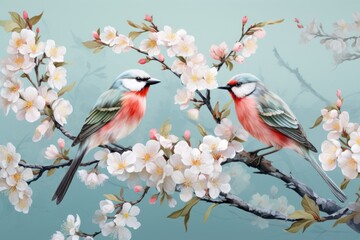 Wall Mural - Delicate Wallpaper Design with Birds on Light Blue Background AI Generated