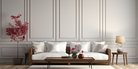 Canvas Print - Rustic modern Scandinavian living room interior design. Generative AI