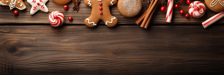 Wall Mural - Gingerbread man and candy Cane on wooden table blank space