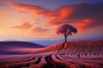 Poster - Paysage d'un champs de lavande, ciel rouge, rivière bleue, nuages, ia