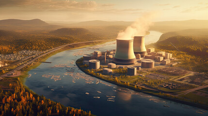 Nuclear Power Station. View of drone of nuclear power plant and river. nuclear energy.