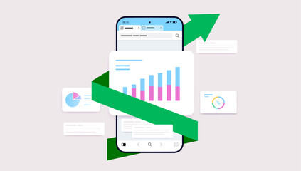 Leinwandbilder - Phone screen with rising chart - Smartphone with green arrow pointing up and rising diagram and graphs. Grows and success concept. Flat design vector illustration