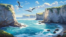  A Painting Of Birds Flying Over The Ocean Near A Cliff.  Generative Ai