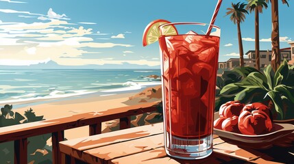 Fototapeta Сocktail bloody mary in glass on table of open restaurant on the beach. delicious tomato bloody mary cocktail illustration. side view. illustration ai generated