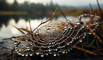 Spider web with dew drops. AI generated