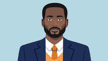 Black Businessman Portrait Vector - Illustration Of Handsome Man In Sharp Clothes, Face And Upper Body, Looking In Camera With Serious Face Expression. Flat Design