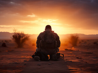 Amidst the desert's vast expanse, an American soldier bows in prayer, seeking solace and strength in a landscape of both challenge and reverence. Generative AI