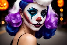Halloween. Portrait Girl Model Clown In Make-up, Colored Hair, On The Street Of The City At Night, Pumpkin Lantern