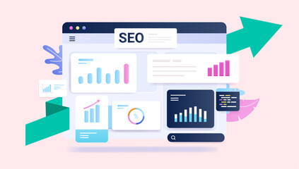 Poster - SEO analytics and growth - Rising charts and and search engine optimisation design elements. Semi flat vector illustration with beige background