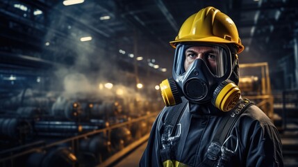 Chemical specialist wear safety uniform and gas mask inspecting chemical leak in industry factory