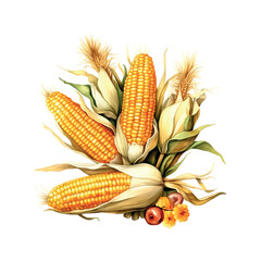 Wall Mural - Watercolor corn autumn still life for decoration Rustic illustration on white backdrop. Organic food. Fresh healthy food.