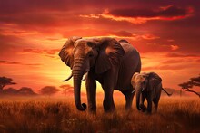African Elephant With Baby In Savannah At Sunset, 3d Render, African Savannah At Sunset With Two Elephants Loxodonta Africana, AI Generated