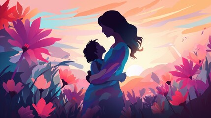 Illustration silhouette picture for mothers day containing a mom hugging her son/daughter