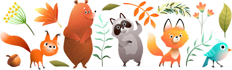 Wall Mural - Whimsical collection of forest animals design, fox bear raccoon and squirrel, animal characters for children. Nature leaves and forest design elements, hand drawn vector clipart in watercolor style.