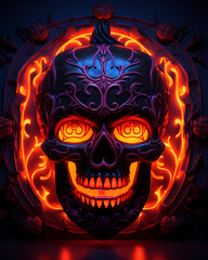 Wall Mural - Halloween headless horseman, pumpkin, RTX , NEON LIGHTS, 4:5 aspect ratio. mobile background picture, oliday, night, scary, creepy, evil, celebration