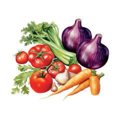 Poster - Vegetables watercolor in retro hand drawn style on white background. Summer element vector illustration.