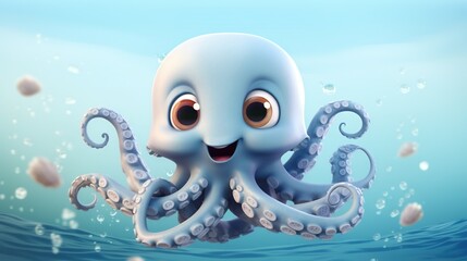 Wall Mural -  a cartoon octopus swimming in the ocean with bubbles around it.  generative ai