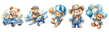 Set Of Blue Teddy Bear Watercolor Collection Illustration, Blue Teddy Bear Isolated Transparent Background, PNG , Generative AI