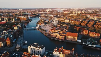 Wall Mural - Gdansk city in Poland with view on Motlava river. Historical center in old town in european city, aerial view. Panoramic skyline of modern european city