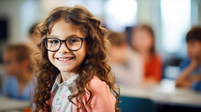 Close-up Portrait Of A Girl With Glasses, Smiling And Happy, Against A School Classroom Background. 