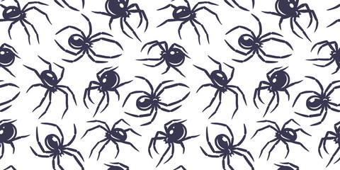 Wall Mural - Halloween seamless pattern with spiders for monochrome halloween design. Wallpaper or background with tarantula or insects for october party banner, poster or postcard