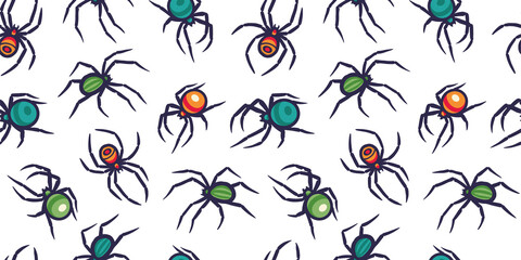 Wall Mural - Halloween seamless pattern with spiders for halloween design. Wallpaper or background with tarantula or insects for october party banner, poster or postcard