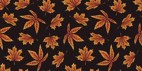 Wall Mural - Halloween seamless pattern with autumn leaves for halloween design. Wallpaper or background with orange or red leaf for october party banner, poster or postcard