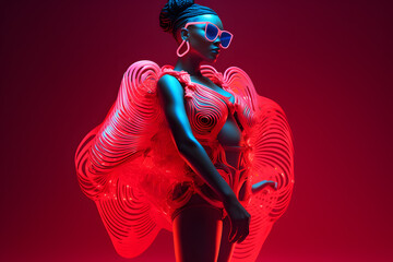 African woman in neon costume and neon shoes, in the style of futuristic pop, luminous color palette