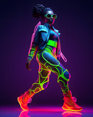 African woman in neon costume and neon shoes, in the style of futuristic pop, luminous color palette