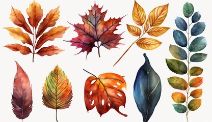 Wall Mural - set of autumn leaves, watercolor style generative ai